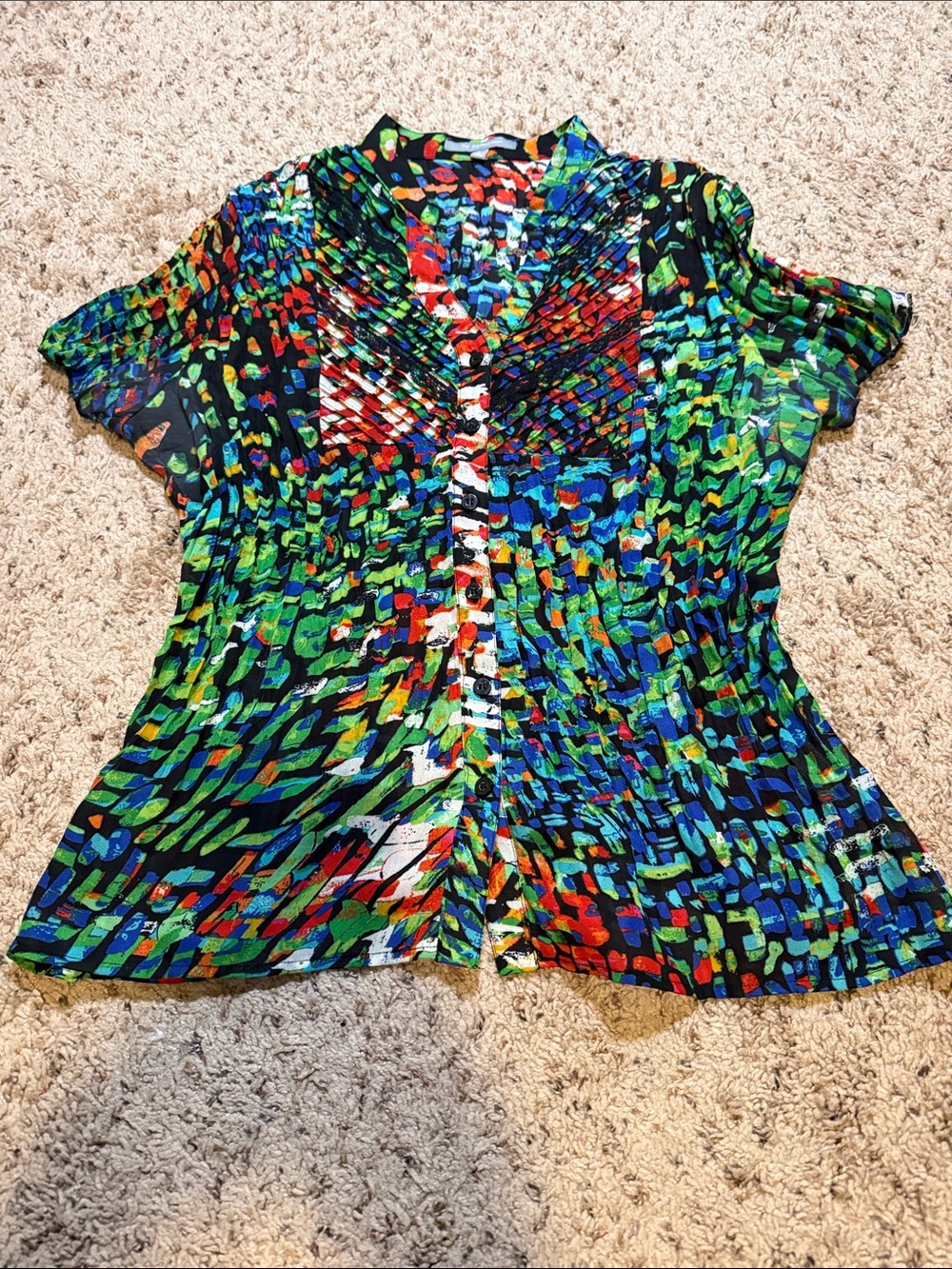 NY Collection Multicolor Abstract Button-Front Blouse - Green/Blue/Red